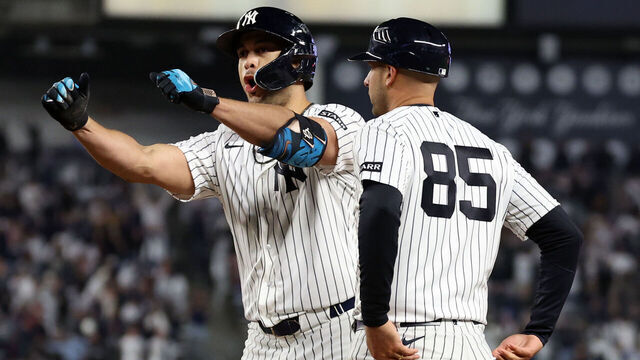 NEW YORK, NY - APRIL 04: Giancarlo Stanton #27 of the New York Yankees hits an RBI single to take the lead during the game against the Miami Marlins at Yankee Stadium on April 4, 2026 in New York, New York.