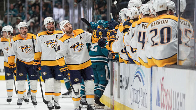 SAN JOSE, CA - APRIL 4: Ryan O'Reilly #90 of the Nashville Predators celebrates scoring a goal against the San Jose Sharks in the third period at SAP Center on April 4, 2026 in San Jose, California.