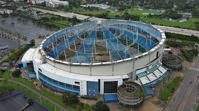 ST. PETERSBURG, FLORIDA - AUGUST 25: A general overall aerial view of Tropicana Field and stadium dome damage from Hurricane Milton on August 25, 2025 in St. Petersburg, Florida.