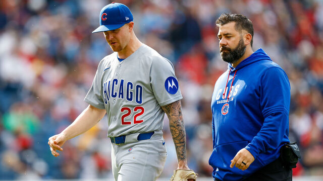 CLEVELAND, OH - APRIL 03: Cade Horton #22 of the Chicago Cubs exits the game in the second inning between the Chicago Cubs and the Cleveland Guardians at Progressive Field on Friday, April 3, 2026 in Cleveland, Ohio.