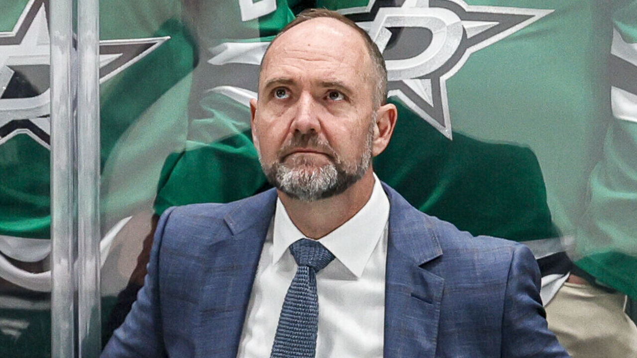 DALLAS, TX - APRIL 28: Dallas Stars head coach Pete DeBoer looks up at the videoboard during game 5 of the first round of the Stanley Cup playoffs between the Dallas Stars and the Colorado Avalanche on April 28, 2025 at American Airlines Center in Dallas, Texas.