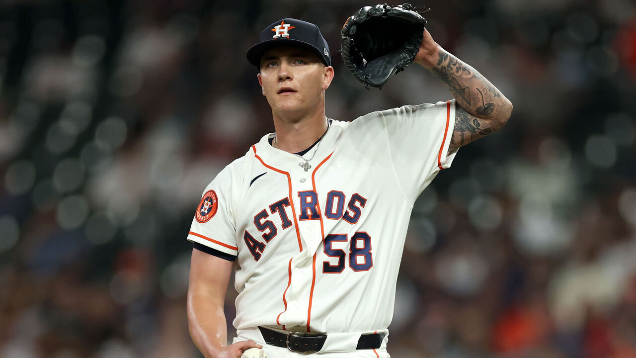 HOUSTON, TEXAS - MARCH 31: Hunter Brown #58 of the Houston Astros reacts in the fifth inning against the Boston Red Sox at Daikin Park on March 31, 2026 in Houston, Texas.