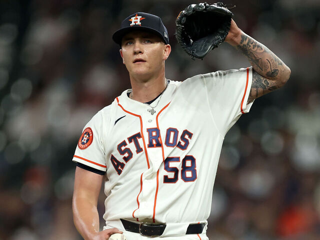 HOUSTON, TEXAS - MARCH 31: Hunter Brown #58 of the Houston Astros reacts in the fifth inning against the Boston Red Sox at Daikin Park on March 31, 2026 in Houston, Texas.