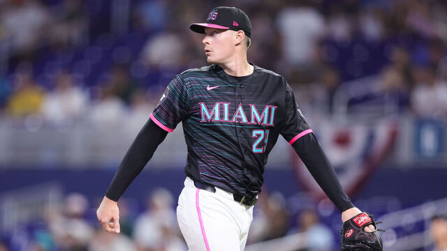 MIAMI, FLORIDA - MARCH 28: Pete Fairbanks #29 of the Miami Marlins looks on against the Colorado Rockies in the ninth inning of the game at loanDepot park on March 28, 2026 in Miami, Florida.