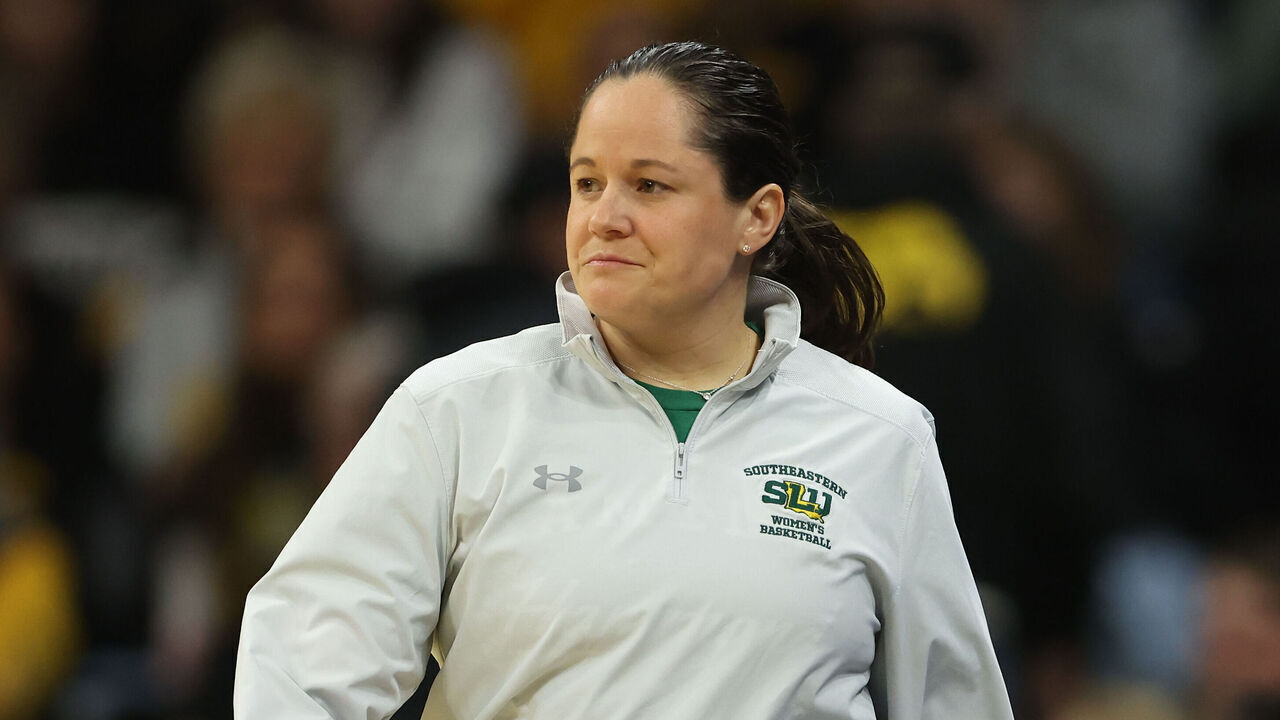 IOWA CITY, IA - MARCH 17: Head Coach Ayla Guzzardo of the Southeastern Louisiana Lions watches her team play in the first half against the Iowa Hawkeyes during the first round of the 2023 NCAA Women's Basketball Tournament held at Carver-Hawkeye Arena on March 17, 2023 in Iowa City, Iowa.