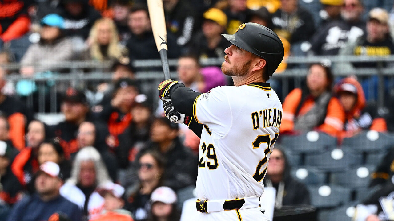 PITTSBURGH, PENNSYLVANIA - APRIL 5: Ryan O'Hearn #29 of the Pittsburgh Pirates hits a two run home run in the first inning during the game against the Baltimore Orioles at PNC Park on April 5, 2026 in Pittsburgh, Pennsylvania.