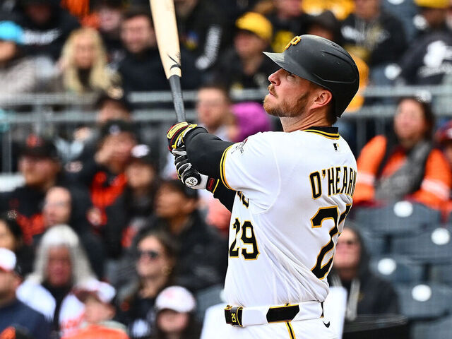 PITTSBURGH, PENNSYLVANIA - APRIL 5: Ryan O'Hearn #29 of the Pittsburgh Pirates hits a two run home run in the first inning during the game against the Baltimore Orioles at PNC Park on April 5, 2026 in Pittsburgh, Pennsylvania.