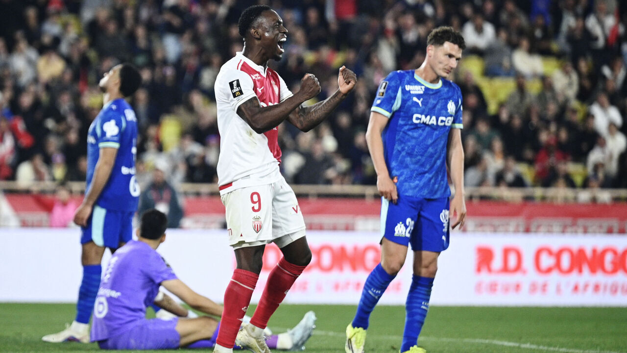 Monaco's US forward #09 Folarin Balogun celebrates after his team's first goal during the French L1 football match between Monaco (ASM) and Olympique de Marseille (OM) at the Louis II Stadium in Monaco on April 5, 2026.