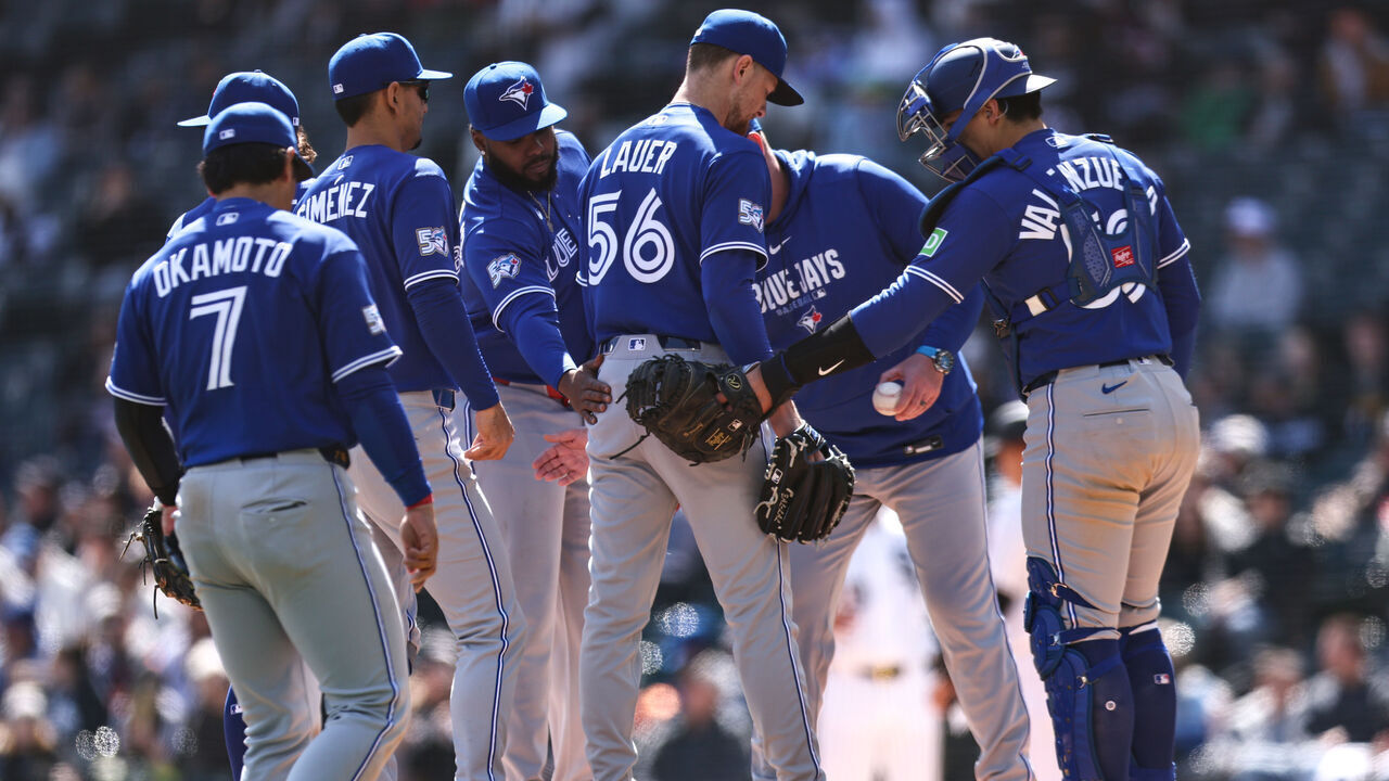 CHICAGO, ILLINOIS - APRIL 5: Eric Lauer #56 of the Toronto Blue Jays is replaced during the third inning against the Chicago White Sox at Rate Field on April 5, 2026 in Chicago, Illinois.