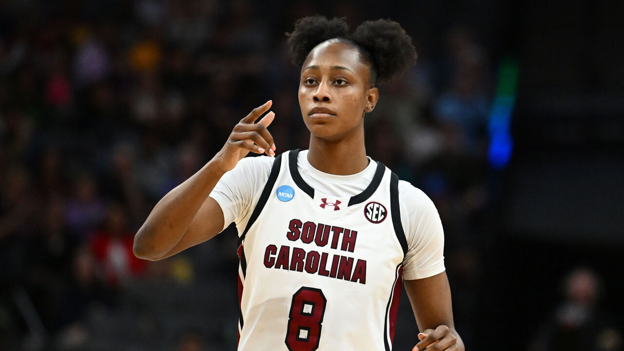 SACRAMENTO, CALIFORNIA - MARCH 30: Joyce Edwards #8 of the South Carolina Gamecocks looks on against the TCU Horned Frogs during the first quarter in the Elite Eight of the 2026 NCAA Women's Basketball Tournament at Golden 1 Center on March 30, 2026 in Sacramento, California.