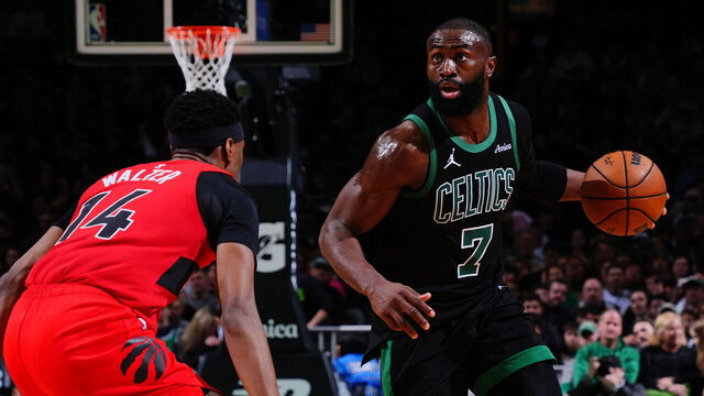 BOSTON, MA - APRIL 5: Jaylen Brown #7 of the Boston Celtics drives to the basket during the game against the Toronto Raptors on April 5, 2026 at TD Garden in Boston, Massachusetts. NOTE TO USER: User expressly acknowledges and agrees that, by downloading and/or using this Photograph, user is consenting to the terms and conditions of the Getty Images License Agreement. Mandatory Copyright Notice: Copyright 2026 NBAE