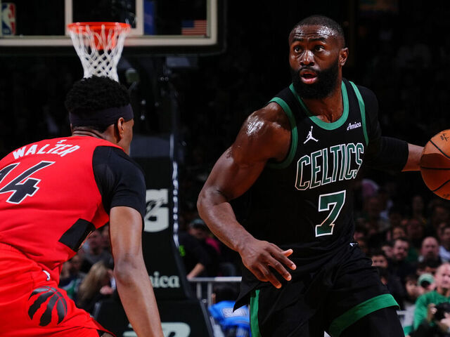BOSTON, MA - APRIL 5: Jaylen Brown #7 of the Boston Celtics drives to the basket during the game against the Toronto Raptors on April 5, 2026 at TD Garden in Boston, Massachusetts. NOTE TO USER: User expressly acknowledges and agrees that, by downloading and/or using this Photograph, user is consenting to the terms and conditions of the Getty Images License Agreement. Mandatory Copyright Notice: Copyright 2026 NBAE