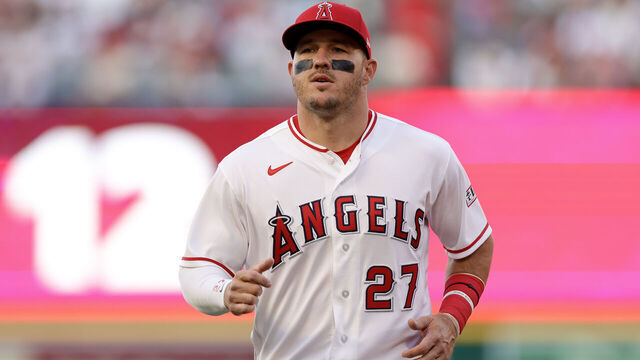 ANAHEIM, CALIFORNIA - APRIL 04: Mike Trout #27 of the Los Angeles Angels warms up before a baseball game against the Seattle Mariners at Angel Stadium of Anaheim on April 04, 2026 in Anaheim, California.