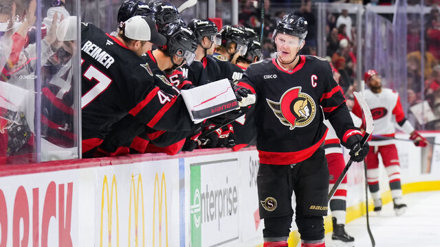 OTTAWA, CANADA - APRIL 05: Brady Tkachuk #7 of the Ottawa Senators celebrates his third period goal against the Carolina Hurricanes with his teammates at Canadian Tire Centre on April 05, 2026 in Ottawa, Ontario, Canada.