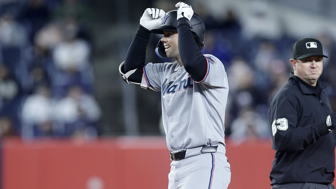NEW YORK, NEW YORK - APRIL 05: Graham Pauley #21 of the Miami Marlins celebrates his pinch-hit, two-run double in the eighth inning against the New York Yankees at Yankee Stadium on April 05, 2026 in New York City.