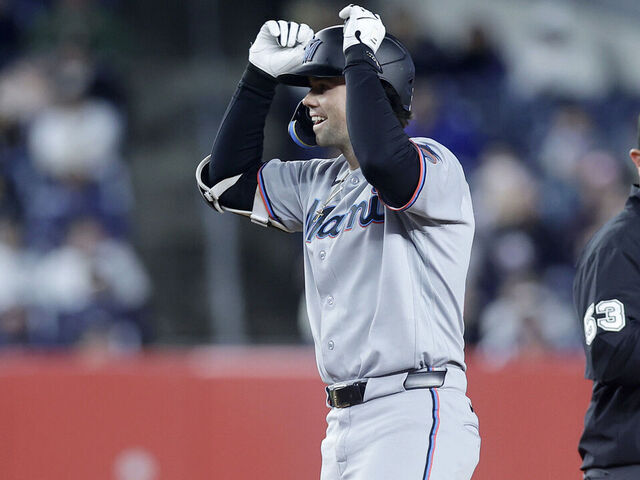 NEW YORK, NEW YORK - APRIL 05: Graham Pauley #21 of the Miami Marlins celebrates his pinch-hit, two-run double in the eighth inning against the New York Yankees at Yankee Stadium on April 05, 2026 in New York City.