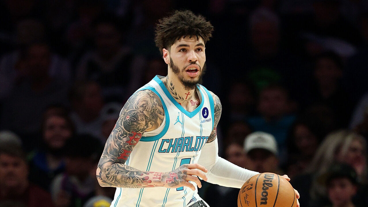 MINNEAPOLIS, MINNESOTA - APRIL 05: LaMelo Ball #1 of the Charlotte Hornets dribbles the ball against the Minnesota Timberwolves in the first quarter at Target Center on April 05, 2026 in Minneapolis, Minnesota.