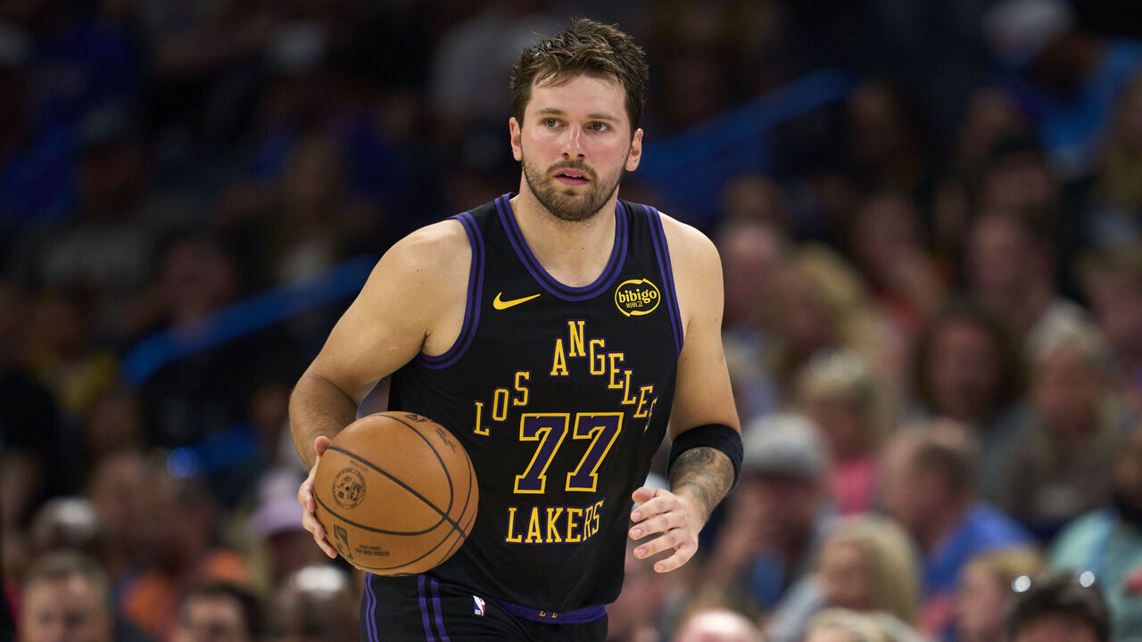 OKLAHOMA CITY, OKLAHOMA - APRIL 02: Luka Doncic #77 of the Los Angeles Lakers brings the ball up court against the Oklahoma City Thunder at the Paycom Center on April 2, 2026 in Oklahoma City, Oklahoma.
