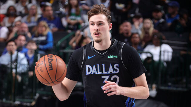 DALLAS, TX - APRIL 5: Cooper Flagg #32 of the Dallas Mavericks dribbles the ball during the game against the Los Angeles Lakers on April 5, 2026 at American Airlines Center in Dallas, Texas. Mandatory Copyright Notice: Copyright 2026 NBAE