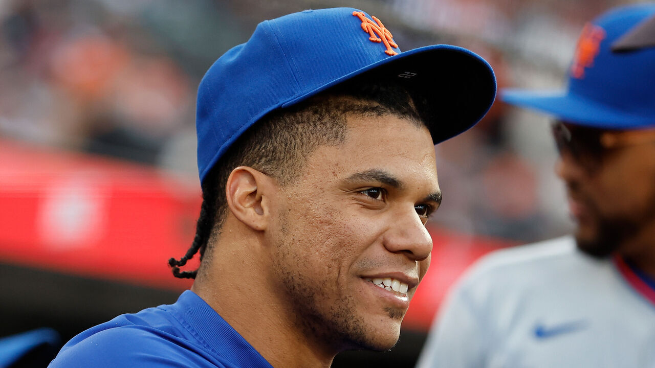 SAN FRANCISCO, CALIFORNIA - APRIL 04: Juan Soto #22 of the New York Mets looks on from the dugout during the game against the San Francisco Giants at Oracle Park on April 04, 2026 in San Francisco, California.