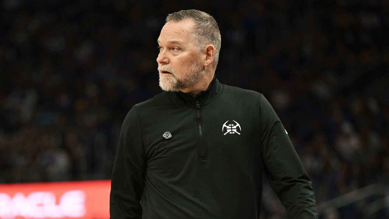 SAN FRANCISCO, CALIFORNIA - APRIL 04: Head coach Michael Malone of the Denver Nuggets looks on against the Golden State Warriors in the second quarter at Chase Center on April 04, 2025 in San Francisco, California.