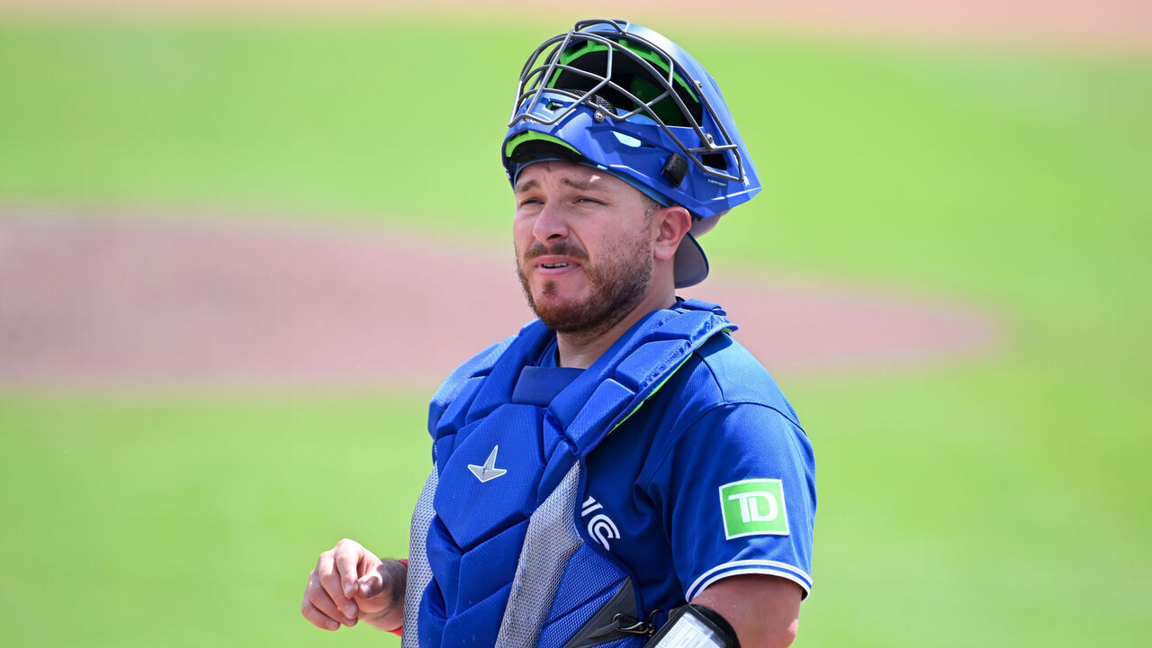 DUNEDIN, FLORIDA - MARCH 14, 2026: Alejandro Kirk #30 of the Toronto Blue Jays looks on during the fourth inning of a spring training game against the Detroit Tigers at TD Ballpark on March 14, 2026 in Dunedin, Florida.