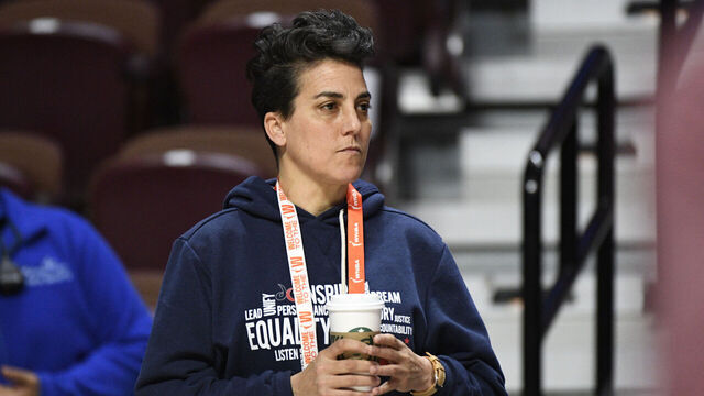 UNCASVILLE, CT - AUGUST 21: Washington Mystics General Manager Jamila Wideman watches warmups before a WNBA game between the Washington Mystics and the Connecticut Sun on August 21, 2025, at Mohegan Sun Arena in Uncasville, CT.