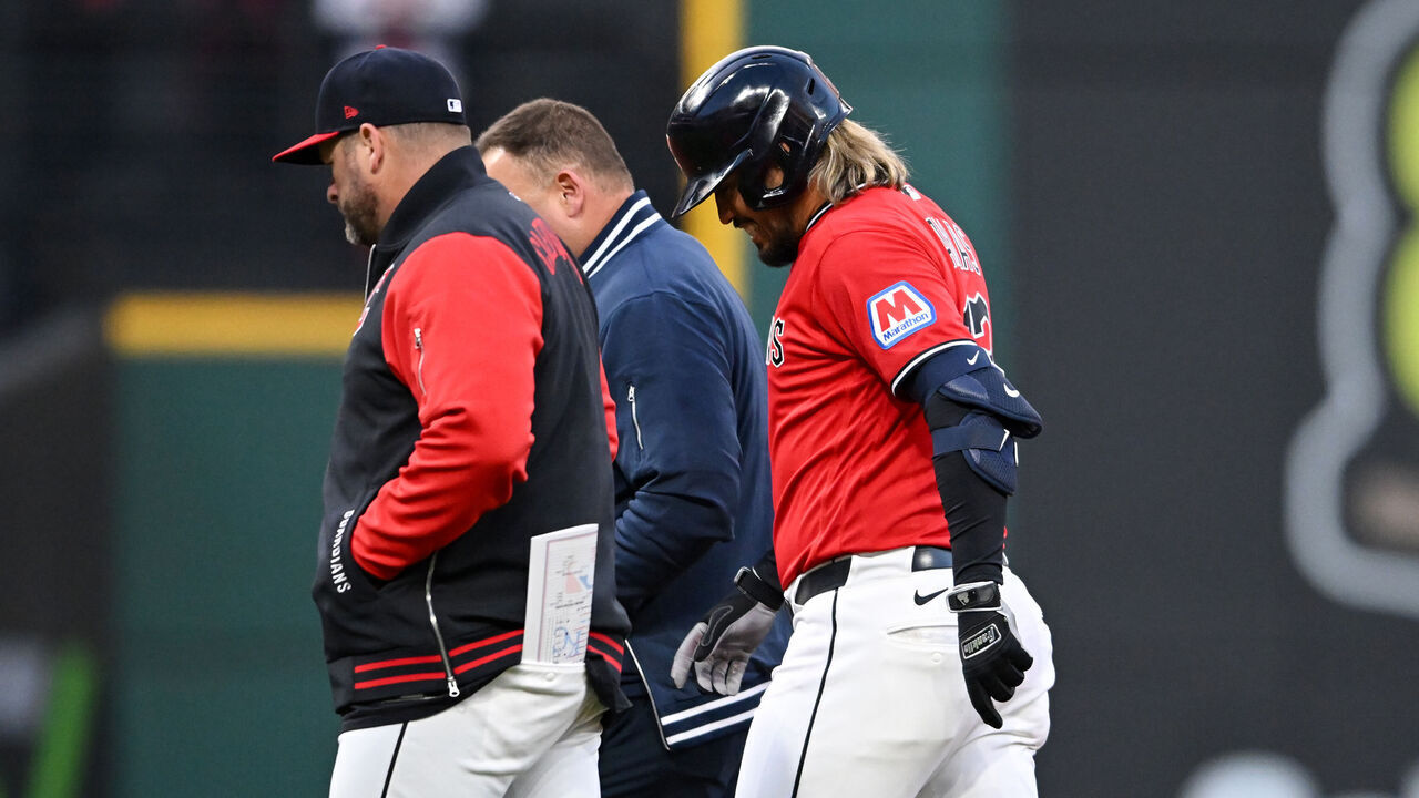 CLEVELAND, OHIO - APRIL 06: Gabriel Arias #13 of the Cleveland Guardians is helped off the field after being injured during the fifth inning against the Kansas City Royals at Progressive Field on April 06, 2026 in Cleveland, Ohio.