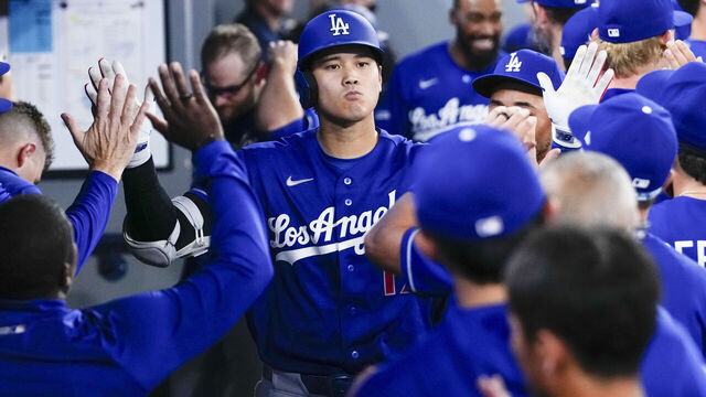 TORONTO, CANADA - APRIL 6: Shohei Ohtani #17 of the Los Angeles Dodgers celebrates a home run against the Toronto Blue Jays during the sixth inning in their MLB game at the Rogers Centre on April 6, 2026 in Toronto, Ontario, Canada.