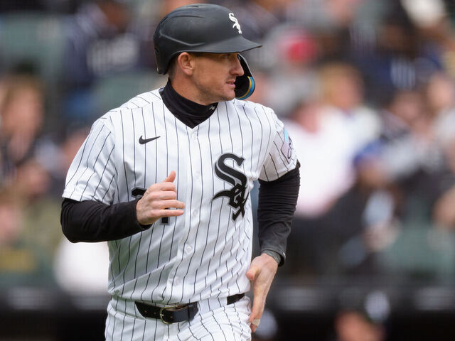 CHICAGO, ILLINOIS - APRIL 4: Austin Hays #21 of the Chicago White Sox runs to first base in a game against the Toronto Blue Jays at Rate Field on April 4, 2026 in Chicago, Illinois.