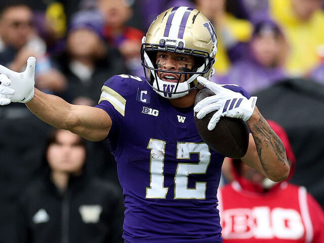 SEATTLE, WASHINGTON - OCTOBER 25: Denzel Boston #12 of the Washington Huskies reacts after a catch against the Illinois Fighting Illini at Husky Stadium on October 25, 2025 in Seattle, Washington.