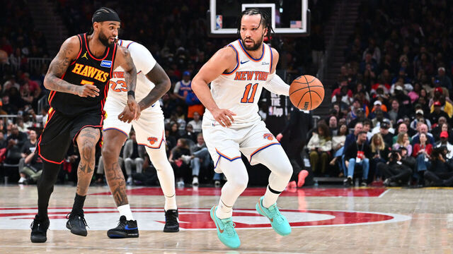 ATLANTA, GA - APRIL 6: Jalen Brunson #11 of the New York Knicks dribbles the ball during the game against the Atlanta Hawks on April 6, 2026 at State Farm Arena in Atlanta, Georgia. NOTE TO USER: User expressly acknowledges and agrees that, by downloading and/or using this Photograph, user is consenting to the terms and conditions of the Getty Images License Agreement. Mandatory Copyright Notice: Copyright 2026 NBAE