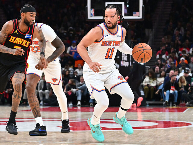 ATLANTA, GA - APRIL 6: Jalen Brunson #11 of the New York Knicks dribbles the ball during the game against the Atlanta Hawks on April 6, 2026 at State Farm Arena in Atlanta, Georgia. NOTE TO USER: User expressly acknowledges and agrees that, by downloading and/or using this Photograph, user is consenting to the terms and conditions of the Getty Images License Agreement. Mandatory Copyright Notice: Copyright 2026 NBAE