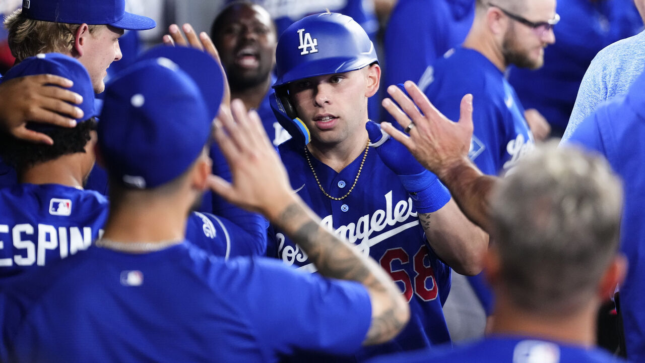TORONTO, CANADA - APRIL 6: Dalton Rushing #68 of the Los Angeles Dodgers celebrates his second home run of the game against the Toronto Blue Jays during the eighth inning in their MLB game at the Rogers Centre on April 6, 2026 in Toronto, Ontario, Canada.