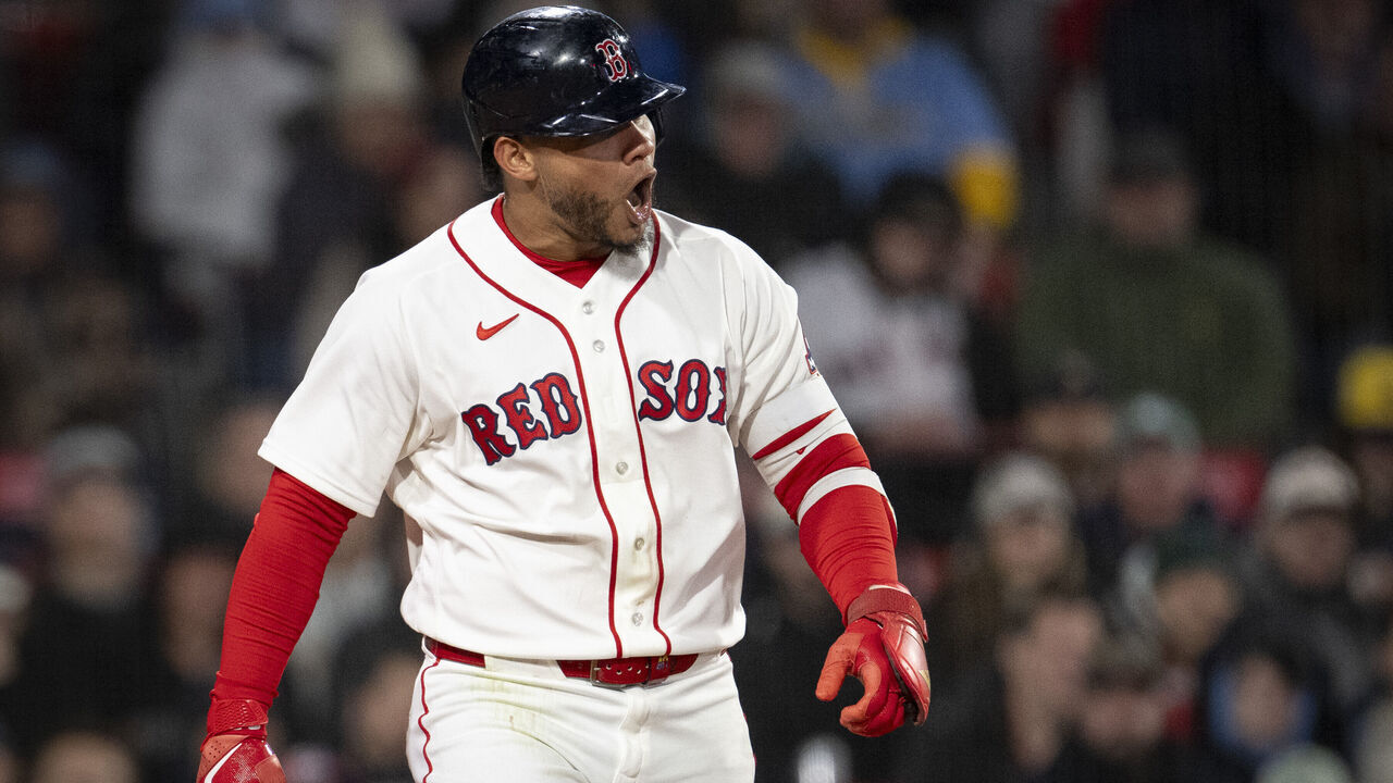 BOSTON, MASSACHUSETTS - APRIL 6: Willson Contreras #40 of the Boston Red Sox reacts after being hit by a pitch during the third inning of a game against the Milwaukee Brewers at Fenway Park on April 6, 2026 in Boston, Massachusetts.
