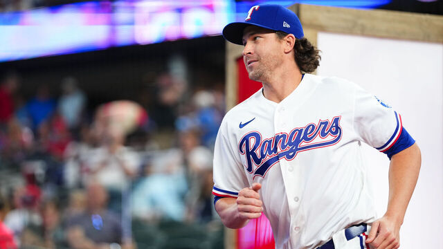 ARLINGTON, TX - APRIL 03: Jacob deGrom #48 of the Texas Rangers takes the field prior to the game between the Cincinnati Reds and the Texas Rangers at Globe Life Field on Friday, April 3, 2026 in Arlington, Texas.
