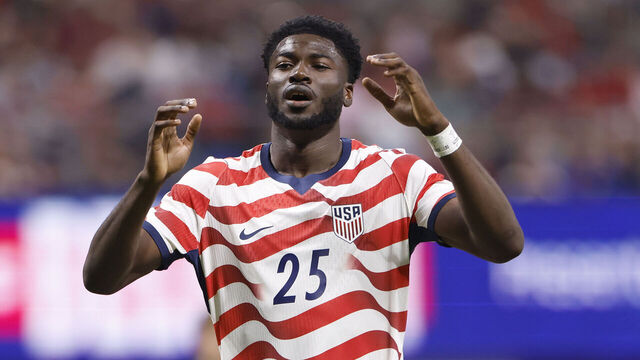 ATLANTA, GEORGIA - MARCH 28: Patrick Agyemang #25 of the United States reacts after a play during the second half of an international friendly against Belgium at Mercedes-Benz Stadium on March 28, 2026 in Atlanta, Georgia.