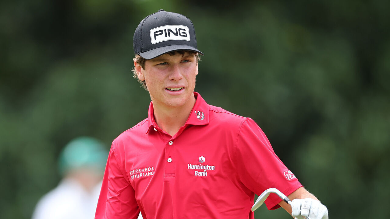 AUGUSTA, GEORGIA - APRIL 06: Amateur Mason Howell of the United States looks on while playing the fifth hole during a practice round prior to the 2026 Masters Tournament at Augusta National Golf Club on April 06, 2026 in Augusta, Georgia.