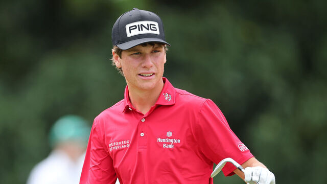 AUGUSTA, GEORGIA - APRIL 06: Amateur Mason Howell of the United States looks on while playing the fifth hole during a practice round prior to the 2026 Masters Tournament at Augusta National Golf Club on April 06, 2026 in Augusta, Georgia.
