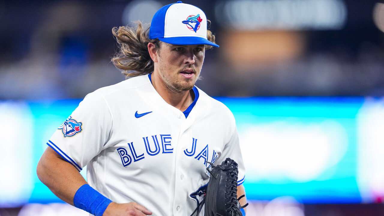 TORONTO, CANADA - MARCH 30: Addison Barger #47 of the Toronto Blue Jays comes off the field against the Colorado Rockies during the second inning in their MLB game at Rogers Centre on March 30, 2026 in Toronto, Ontario, Canada.