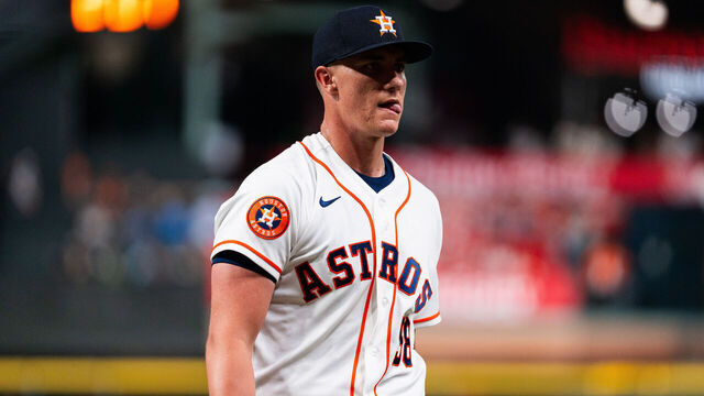 HOUSTON, TEXAS - MARCH 31: Hunter Brown #58 of the Houston Astros reacts during the sixth inning against the Boston Red Sox at Daikin Park on March 31, 2026 in Houston, Texas.