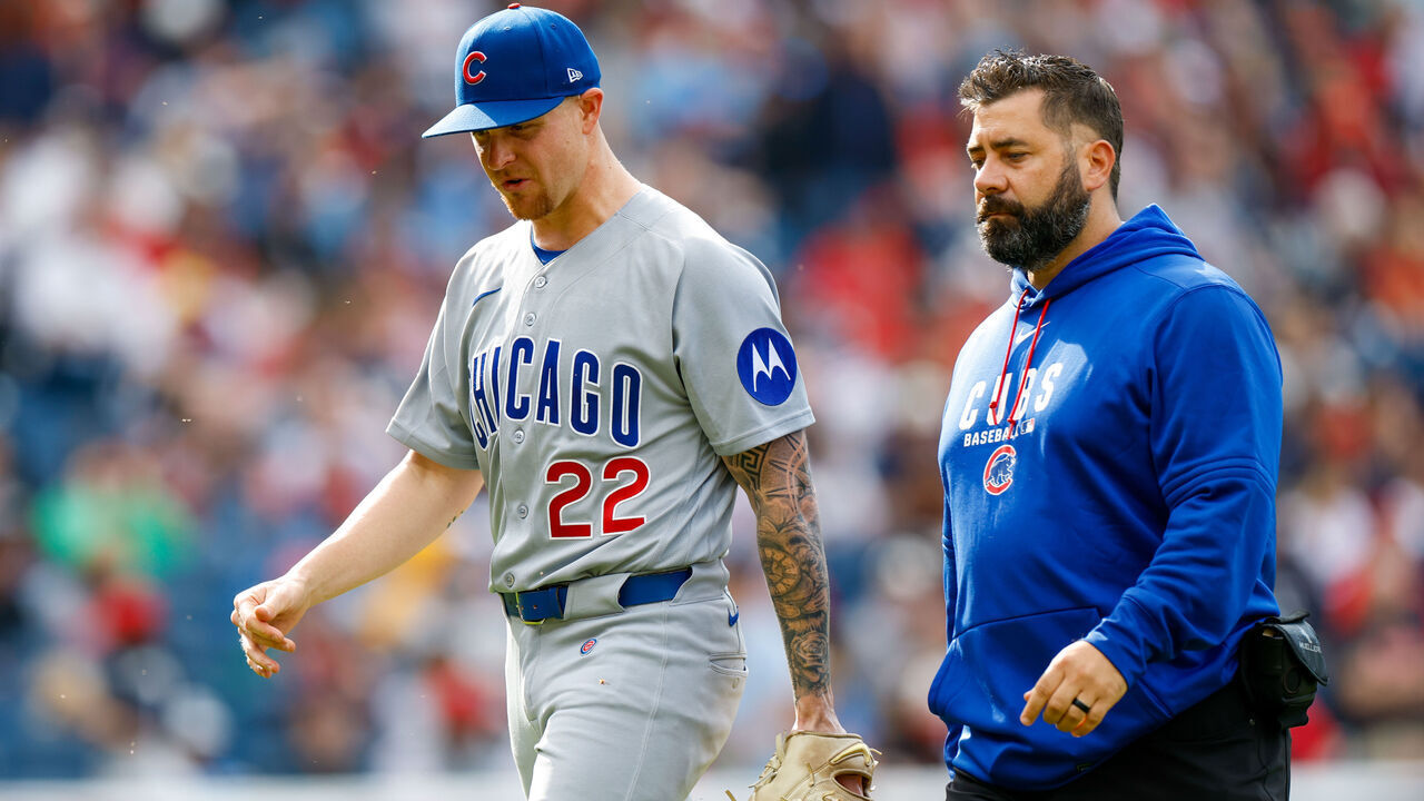 CLEVELAND, OH - APRIL 03: Cade Horton #22 of the Chicago Cubs exits the game in the second inning between the Chicago Cubs and the Cleveland Guardians at Progressive Field on Friday, April 3, 2026 in Cleveland, Ohio.