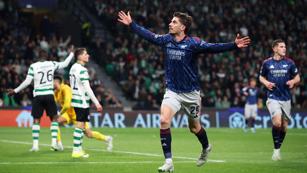 LISBON, PORTUGAL - APRIL 07: Kai Havertz of Arsenal celebrates scoring his team's first goal during the UEFA Champions League 2025/26 Quarter-Final First Leg match between Sporting Clube de Portugal and Arsenal FC at Estadio Jose Alvalade on April 07, 2026 in Lisbon, Portugal.