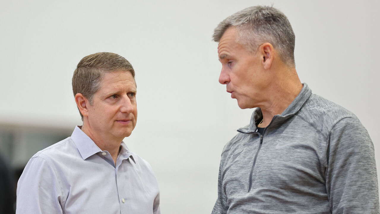 CHICAGO, ILLINOIS - OCTOBER 02: President and Chief Executive Officer Michael Reinsdorf of the Chicago Bulls talks with head coach Billy Donovan during Media Day at Advocate Center on October 02, 2023 in Chicago, Illinois.