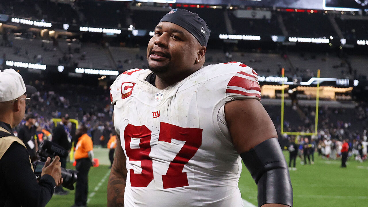 LAS VEGAS, NEVADA - DECEMBER 28: Dexter Lawrence #97 of the New York Giants walks off the field after defeating the Las Vegas Raiders in the game at Allegiant Stadium on December 28, 2025 in Las Vegas, Nevada.