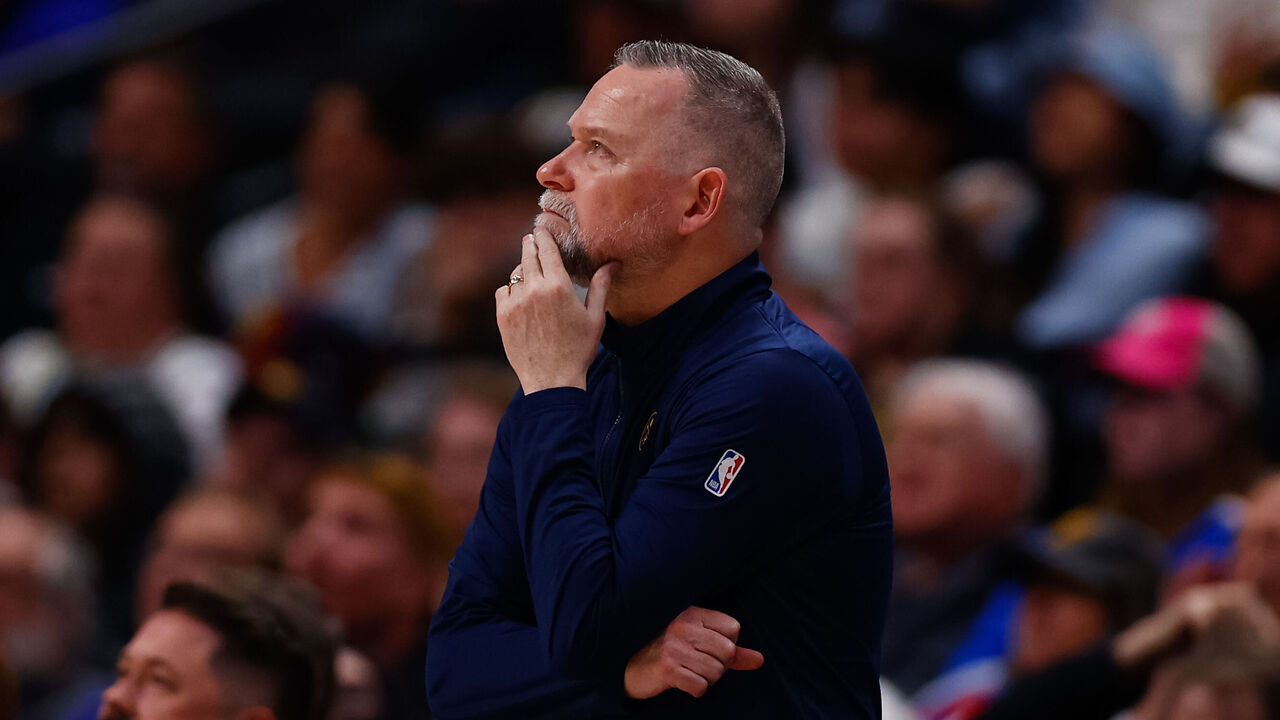 DENVER, CO - APRIL 6: Head Coach Michael Malone reacts on the sidelines during the fourth quarter against the Indiana Pacers at Ball Arena on April 6, 2025 in Denver, Colorado.
