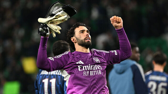 Arsenal goalkeeper David Raya celebrates following victory in the UEFA Champions League quarter final, first leg match at the Jose Alvalade Stadium, Lisbon. Picture date: Tuesday April 7, 2026.