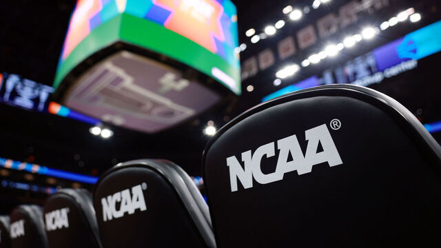 PHOENIX, ARIZONA - APRIL 02: Detail of the NCAA logo on bench seats ahead of the 2026 NCAA Women's Basketball Tournament Final Four at Mortgage Matchup Center on April 02, 2026 in Phoenix, Arizona.
