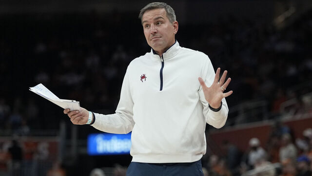 AUSTIN, TEXAS - NOVEMBER 7: Head Coach Aaron Roussell of the Richmond Spiders reacts during the second half against the Texas Longhorns at Moody Center on November 7, 2025 in Austin, Texas.