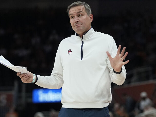 AUSTIN, TEXAS - NOVEMBER 7: Head Coach Aaron Roussell of the Richmond Spiders reacts during the second half against the Texas Longhorns at Moody Center on November 7, 2025 in Austin, Texas.